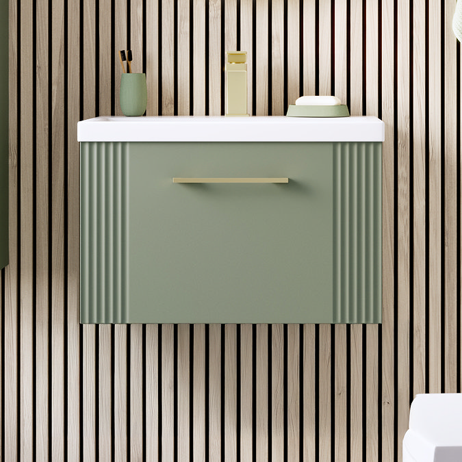 Roxbury Deco Fluted 600mm Green Vanity Unit - Wall Hung 1-Drawer Unit & Brushed Brass Handle