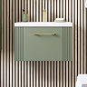 Roxbury Deco Fluted 600mm Green Vanity Unit - Wall Hung 1-Drawer Unit & Brushed Brass Handle