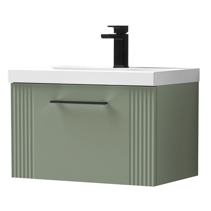 Roxbury Deco Fluted 600mm Green Vanity Unit - Wall Hung 1-Drawer Unit & Matt Black Handle