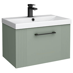 Roxbury Deco Fluted 600mm Green Vanity Unit - Wall Hung 1-Drawer Unit & Matt Black Handle