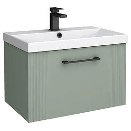 Roxbury Deco Fluted 600mm Green Vanity Unit - Wall Hung 1-Drawer Unit & Matt Black Handle