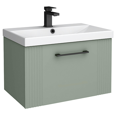 Roxbury Deco Fluted 600mm Green Vanity Unit - Wall Hung 1-Drawer Unit & Matt Black Handle