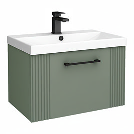 Roxbury Deco Fluted 600mm Green Vanity Unit - Wall Hung 1-Drawer Unit & Matt Black Handle