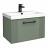 Roxbury Deco Fluted 600mm Green Vanity Unit - Wall Hung 1-Drawer Unit & Matt Black Handle