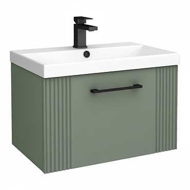 Roxbury Deco Fluted 600mm Green Vanity Unit - Wall Hung 1-Drawer Unit & Matt Black Handle
