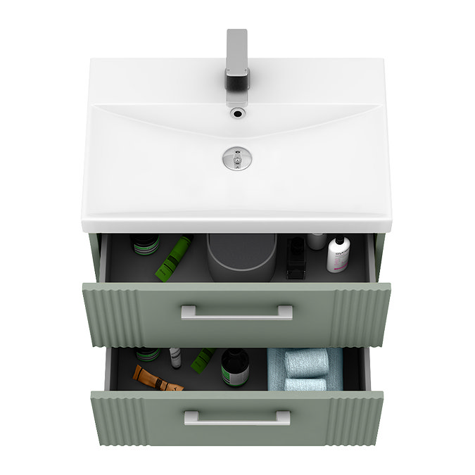 Roxbury Deco Fluted 600mm Green Vanity Unit - Wall Hung 2-Drawer Unit & Chrome Handles