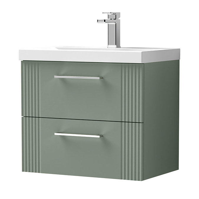 Roxbury Deco Fluted 600mm Green Vanity Unit - Wall Hung 2-Drawer Unit & Chrome Handles