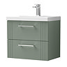 Roxbury Deco Fluted 600mm Green Vanity Unit - Wall Hung 2-Drawer Unit & Chrome Handles