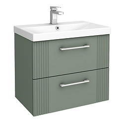 Roxbury Deco Fluted 600mm Green Vanity Unit - Wall Hung 2-Drawer Unit & Chrome Handles