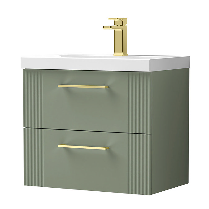 Roxbury Deco Fluted 600mm Green Vanity Unit - Wall Hung 2-Drawer Unit with Brushed Brass Handles