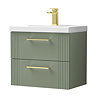 Roxbury Deco Fluted 600mm Green Vanity Unit - Wall Hung 2-Drawer Unit with Brushed Brass Handles