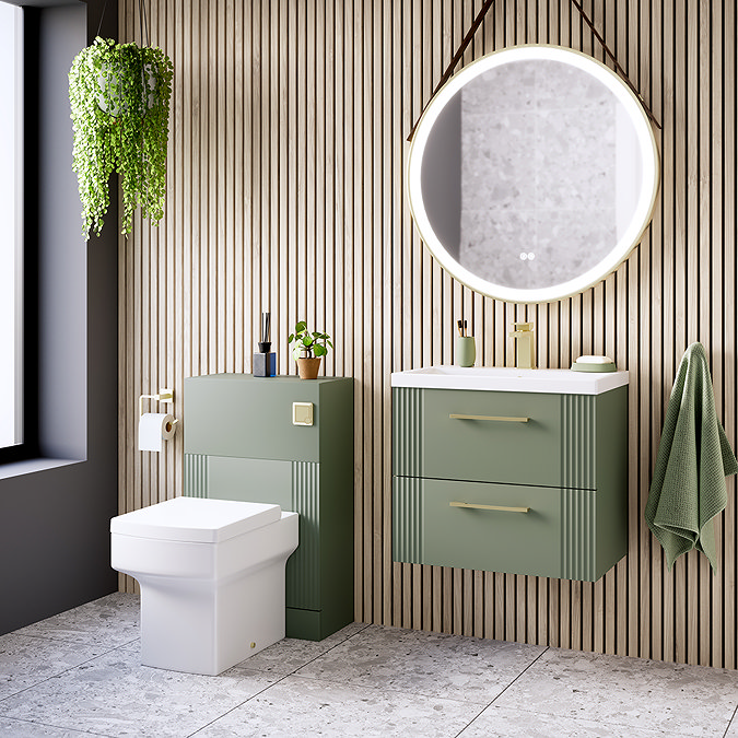 Roxbury Deco Fluted 600mm Green Vanity Unit - Wall Hung 2-Drawer Unit with Brushed Brass Handles