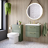 Roxbury Deco Fluted 600mm Green Vanity Unit - Wall Hung 2-Drawer Unit with Brushed Brass Handles