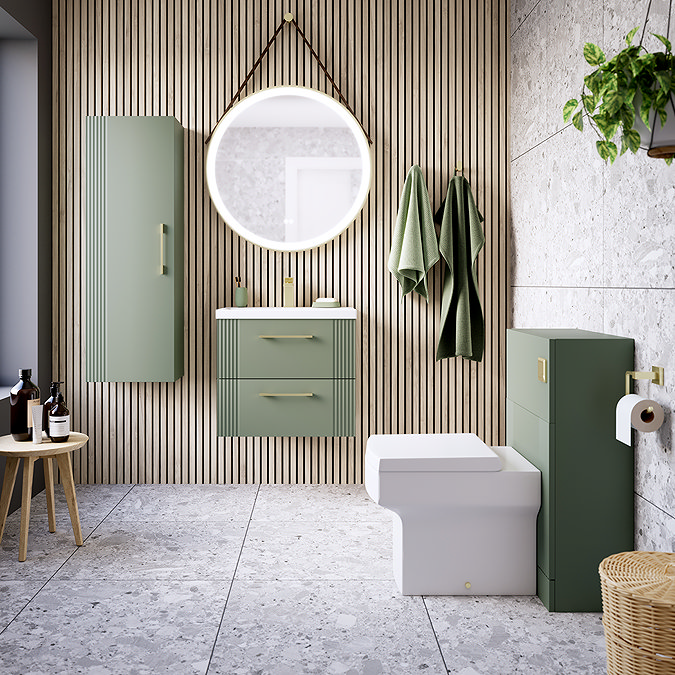 Roxbury Deco Fluted 600mm Green Vanity Unit - Wall Hung 2-Drawer Unit with Brushed Brass Handles