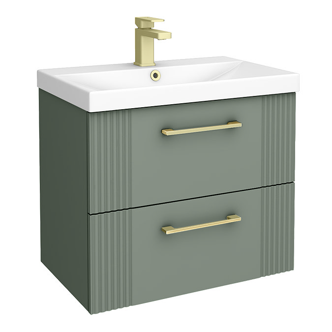 Roxbury Deco Fluted 600mm Green Vanity Unit - Wall Hung 2-Drawer Unit with Brushed Brass Handles