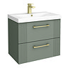 Roxbury Deco Fluted 600mm Green Vanity Unit - Wall Hung 2-Drawer Unit with Brushed Brass Handles