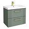 Roxbury Deco Fluted 600mm Green Vanity Unit - Wall Hung 2-Drawer Unit with Brushed Brass Handles