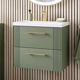 Roxbury Deco Fluted 600mm Green Vanity Unit - Wall Hung 2-Drawer Unit with Brushed Brass Handles