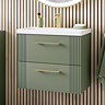 Roxbury Deco Fluted 600mm Green Vanity Unit - Wall Hung 2-Drawer Unit with Brushed Brass Handles