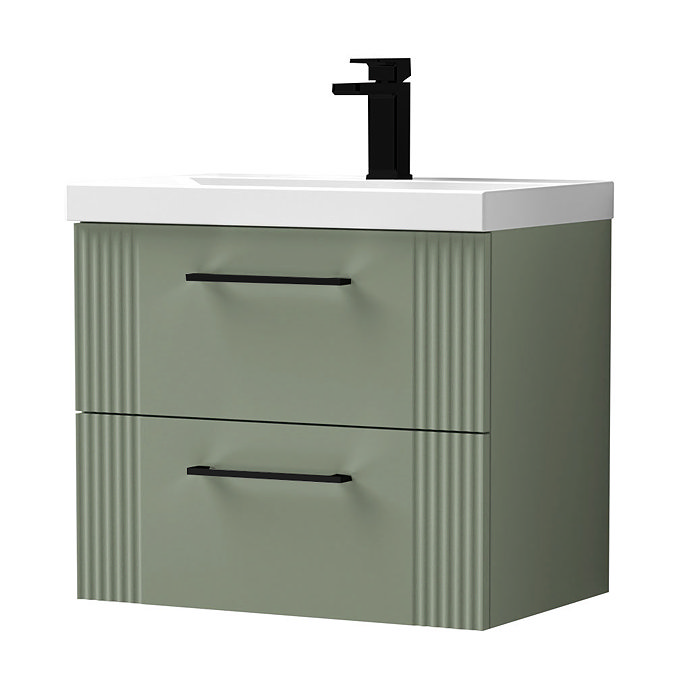 Roxbury Deco Fluted 600mm Green Vanity Unit - Wall Hung 2-Drawer Unit & Matt Black Handles