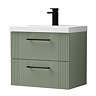 Roxbury Deco Fluted 600mm Green Vanity Unit - Wall Hung 2-Drawer Unit & Matt Black Handles