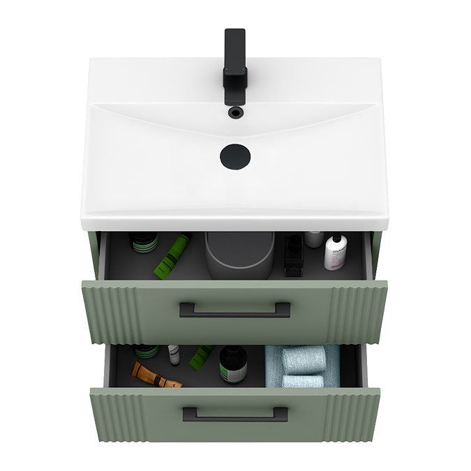 Roxbury Deco Fluted 600mm Green Vanity Unit - Wall Hung 2-Drawer Unit & Matt Black Handles