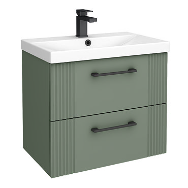 Roxbury Deco Fluted 600mm Green Vanity Unit - Wall Hung 2-Drawer Unit & Matt Black Handles