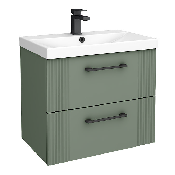 Roxbury Deco Fluted 600mm Green Vanity Unit - Wall Hung 2-Drawer Unit & Matt Black Handles