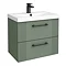 Roxbury Deco Fluted 600mm Green Vanity Unit - Wall Hung 2-Drawer Unit & Matt Black Handles