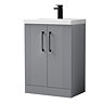 Roxbury Deco Fluted 600mm Grey Vanity Unit - Floor Standing 2 Door Unit with Basin and Matt Black Handles