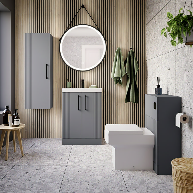 Roxbury Deco Fluted 600mm Grey Vanity Unit - Floor Standing 2 Door Unit with Basin and Matt Black Handles