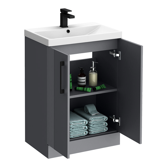 Roxbury Deco Fluted 600mm Grey Vanity Unit - Floor Standing 2 Door Unit with Basin and Matt Black Handles