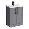 Roxbury Deco Fluted 600mm Grey Vanity Unit - Floor Standing 2 Door Unit with Basin and Matt Black Handles