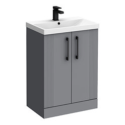 Roxbury Deco Fluted 600mm Grey Vanity Unit - Floor Standing 2 Door Unit with Basin and Matt Black Handles