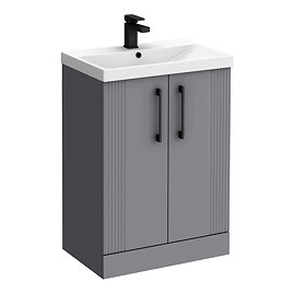 Roxbury Deco Fluted 600mm Grey Vanity Unit - Floor Standing 2 Door Unit with Basin and Matt Black Handles