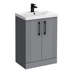 Roxbury Deco Fluted 600mm Grey Vanity Unit - Floor Standing 2 Door Unit with Basin and Matt Black Handles