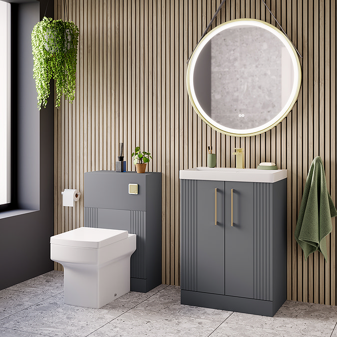 Roxbury Deco Fluted 600mm Grey Vanity Unit - Floor Standing 2 Door Unit with Brushed Brass Handles