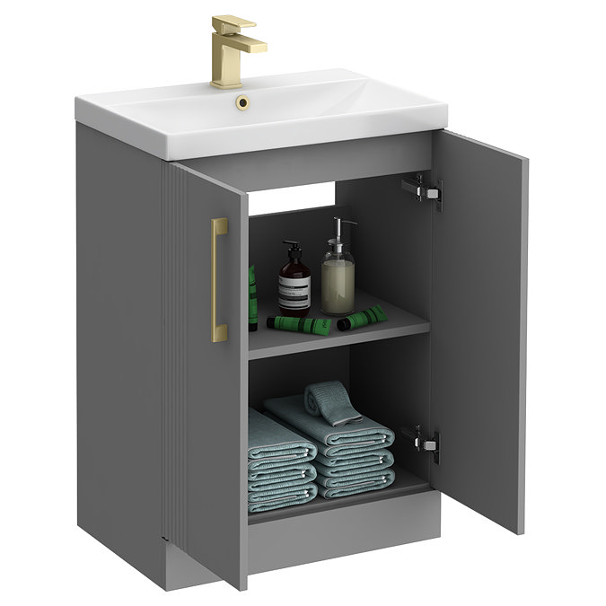Roxbury Deco Fluted 600mm Grey Vanity Unit - Floor Standing 2 Door Unit with Brushed Brass Handles