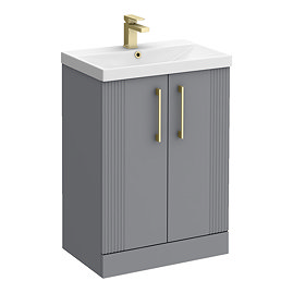 Roxbury Deco Fluted 600mm Grey Vanity Unit - Floor Standing 2 Door Unit with Brushed Brass Handles