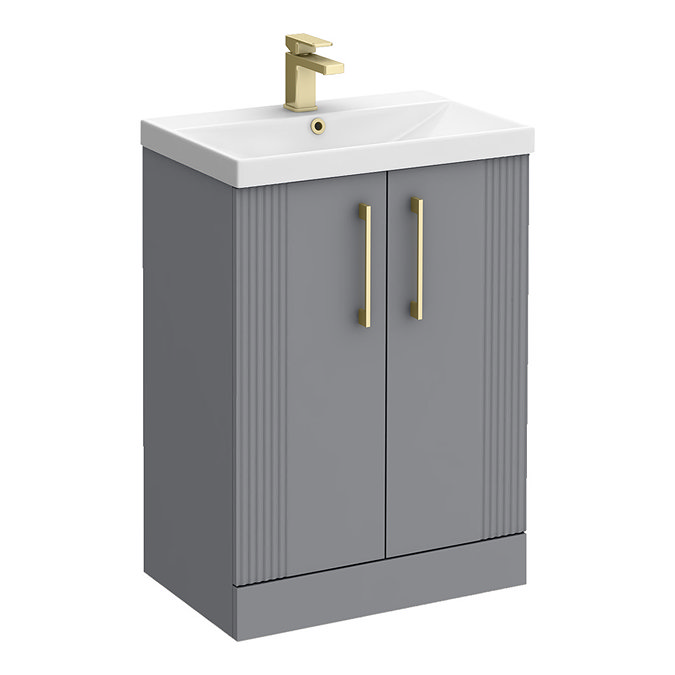 Roxbury Deco Fluted 600mm Grey Vanity Unit - Floor Standing 2 Door Unit with Brushed Brass Handles