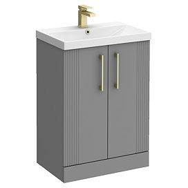 Roxbury Deco Fluted 600mm Grey Vanity Unit - Floor Standing 2 Door Unit with Brushed Brass Handles