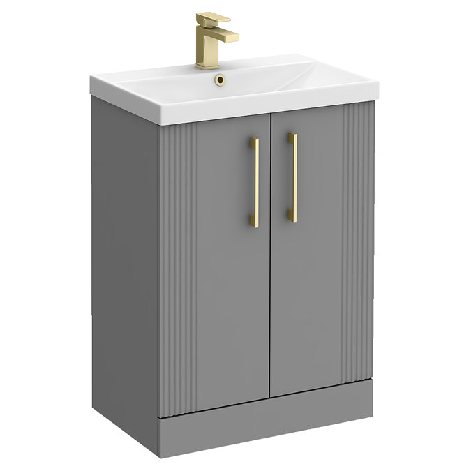 Roxbury Deco Fluted 600mm Grey Vanity Unit - Floor Standing 2 Door Unit with Brushed Brass Handles