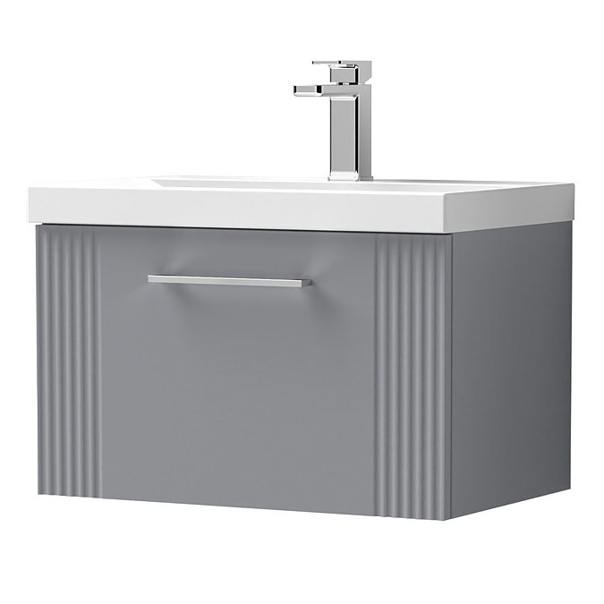 Roxbury Deco Fluted 600mm Grey Vanity Unit - Wall Hung 1-Drawer Unit & Chrome Handle