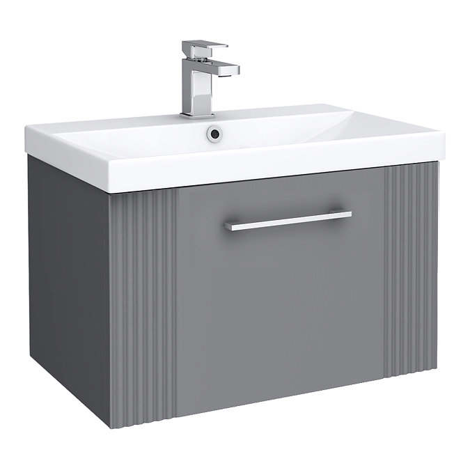 Roxbury Deco Fluted 600mm Grey Vanity Unit - Wall Hung 1-Drawer Unit & Chrome Handle