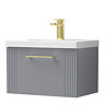 Roxbury Deco Fluted 600mm Grey Vanity Unit - Wall Hung 1-Drawer Unit & Brushed Brass Handle