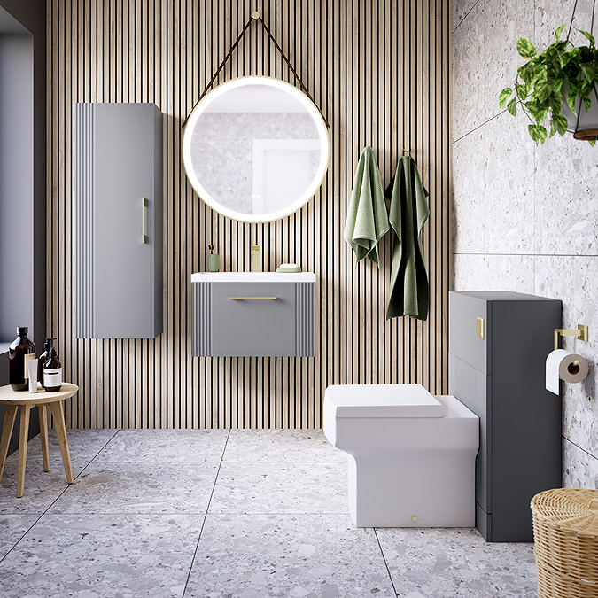 Roxbury Deco Fluted 600mm Grey Vanity Unit - Wall Hung 1-Drawer Unit & Brushed Brass Handle
