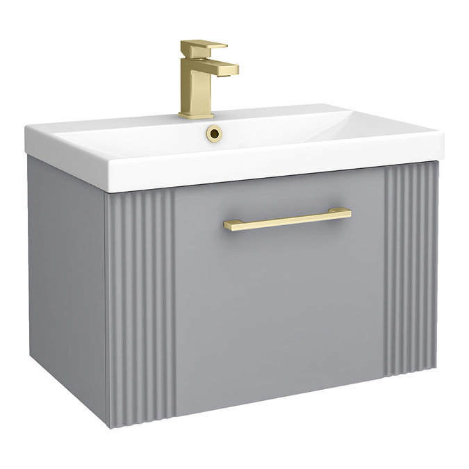 Roxbury Deco Fluted 600mm Grey Vanity Unit - Wall Hung 1-Drawer Unit & Brushed Brass Handle