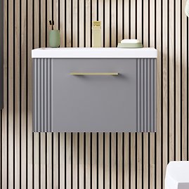 Roxbury Deco Fluted 600mm Grey Vanity Unit - Wall Hung 1-Drawer Unit & Brushed Brass Handle