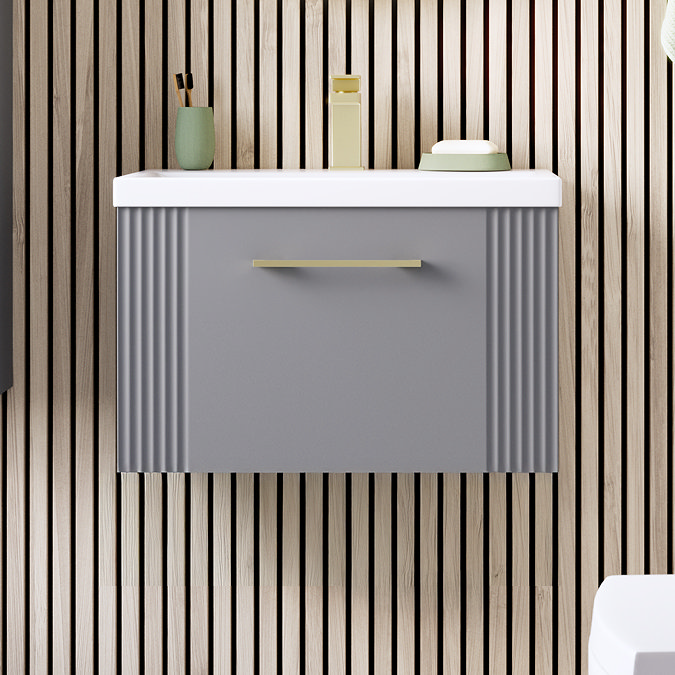 Roxbury Deco Fluted 600mm Grey Vanity Unit - Wall Hung 1-Drawer Unit & Brushed Brass Handle