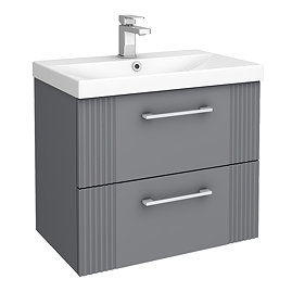 Roxbury Deco Fluted 600mm Grey Vanity Unit - Wall Hung 2-Drawer Unit & Chrome Handles